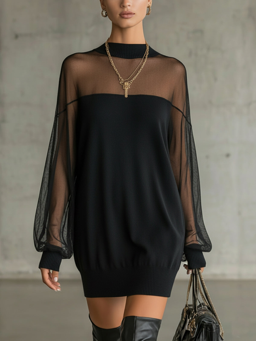 Daisy | Black Mesh Sleeve High‑Neck Midi Dress