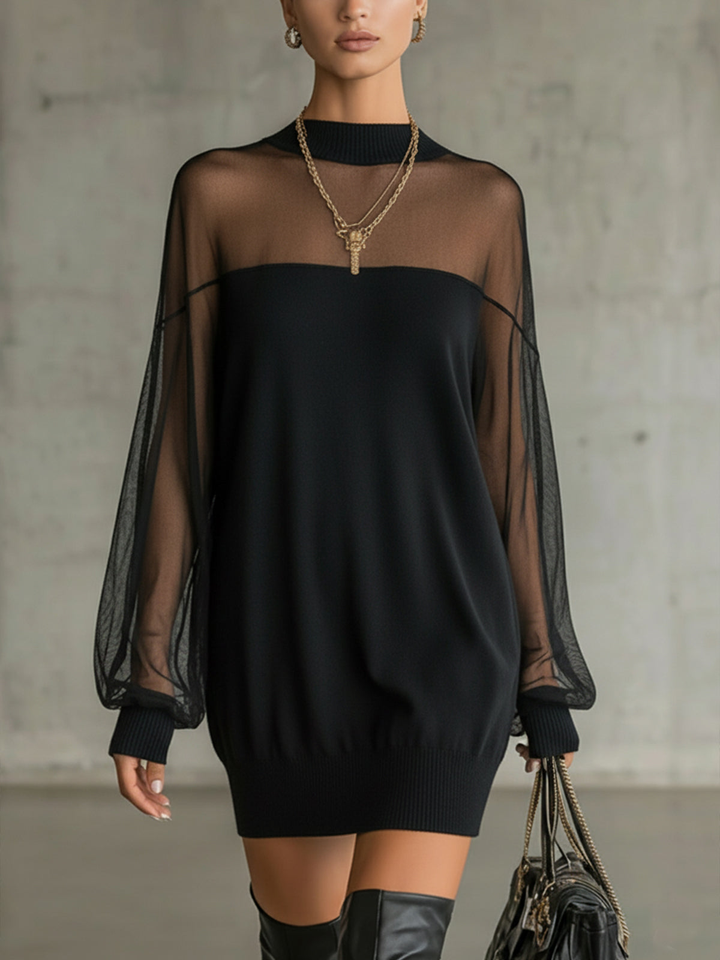 Daisy | Black Mesh Sleeve High‑Neck Midi Dress