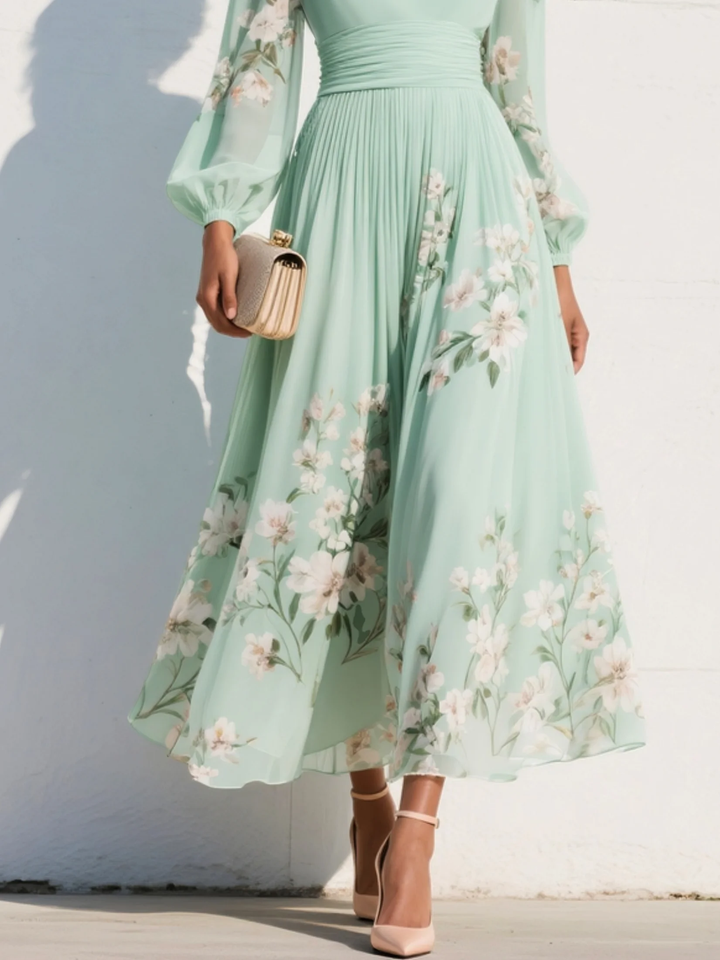 Emma™ | Mint Green Floral Pleated Maxi Dress