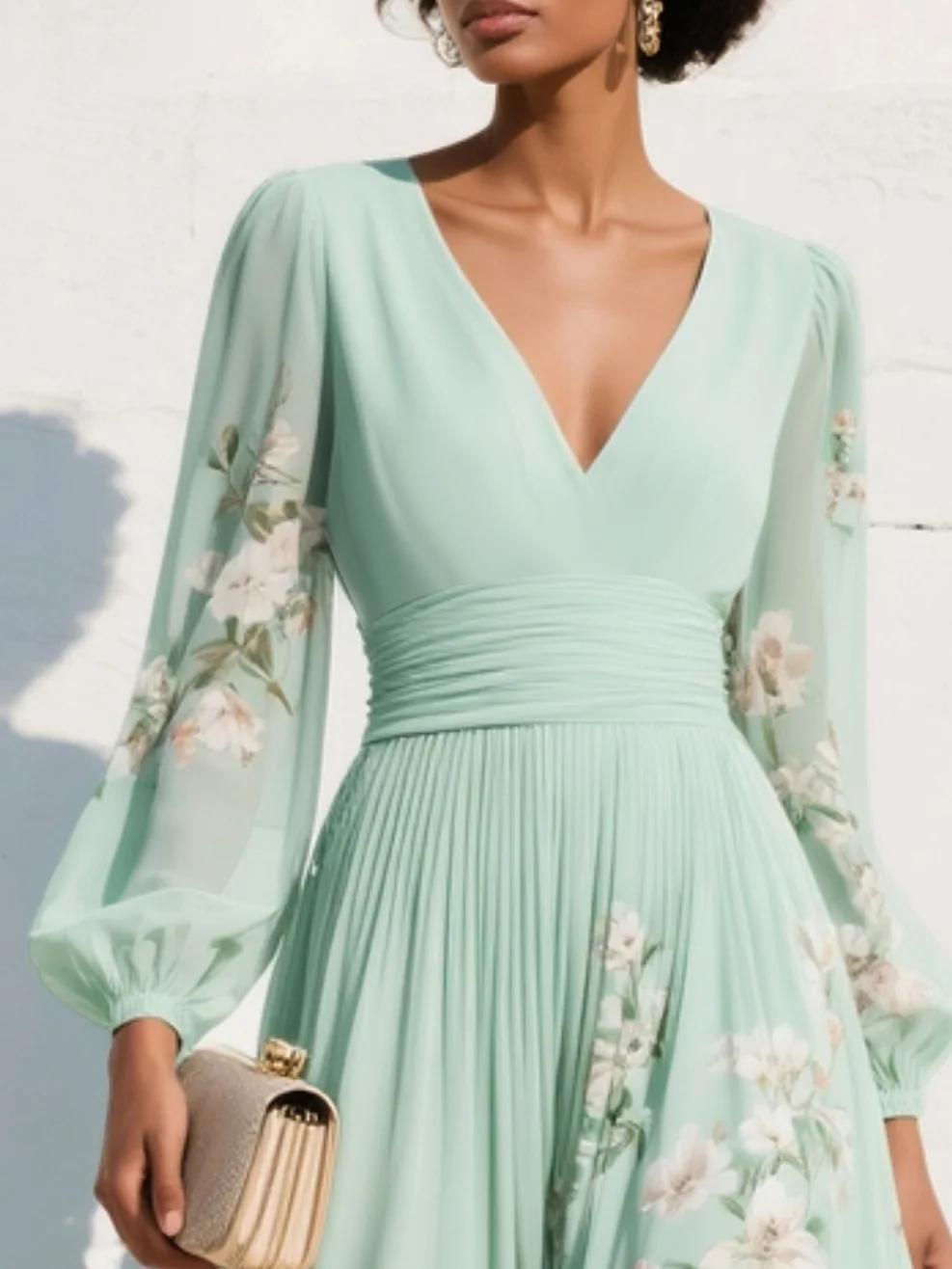 Emma™ | Mint Green Floral Pleated Maxi Dress