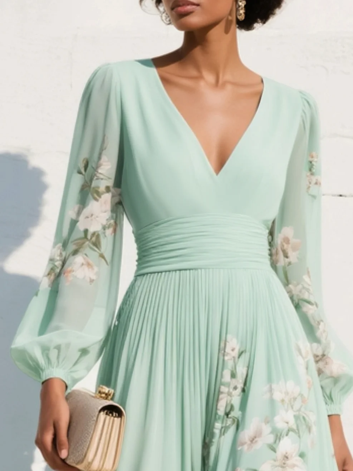 Emma™ | Mint Green Floral Pleated Maxi Dress