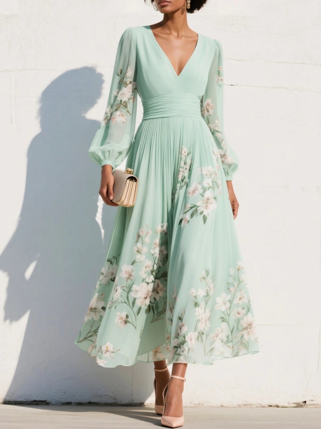 Emma™ | Mint Green Floral Pleated Maxi Dress