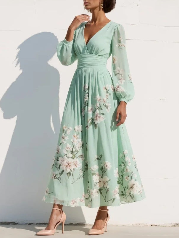 Emma™ | Mint Green Floral Pleated Maxi Dress