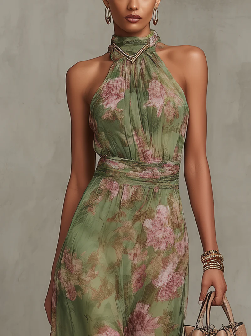 Ruth™ | Green Floral Halter Chiffon Maxi Dress