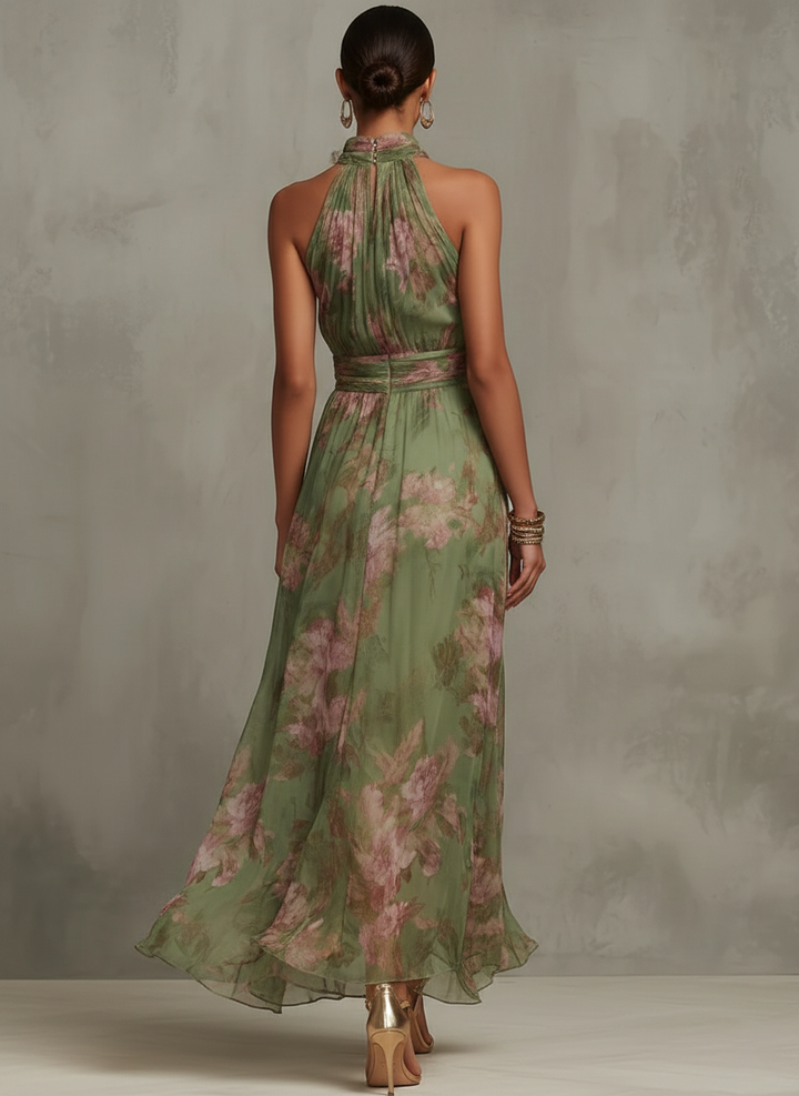 Ruth™ | Green Floral Halter Chiffon Maxi Dress