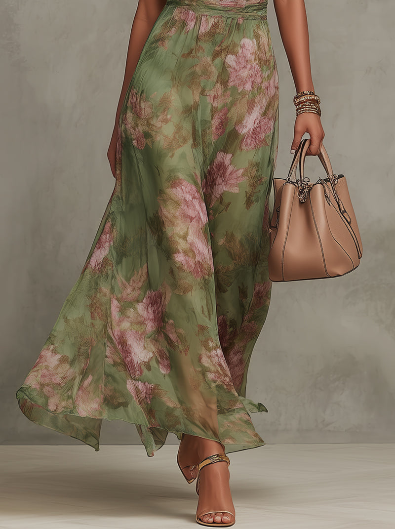 Ruth™ | Green Floral Halter Chiffon Maxi Dress