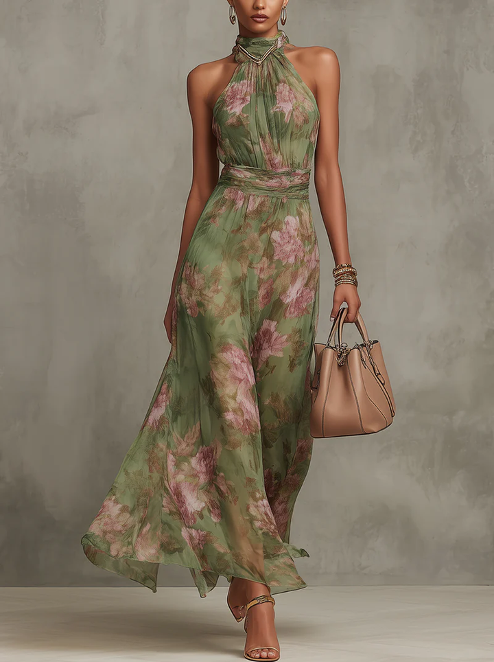 Ruth™ | Green Floral Halter Chiffon Maxi Dress