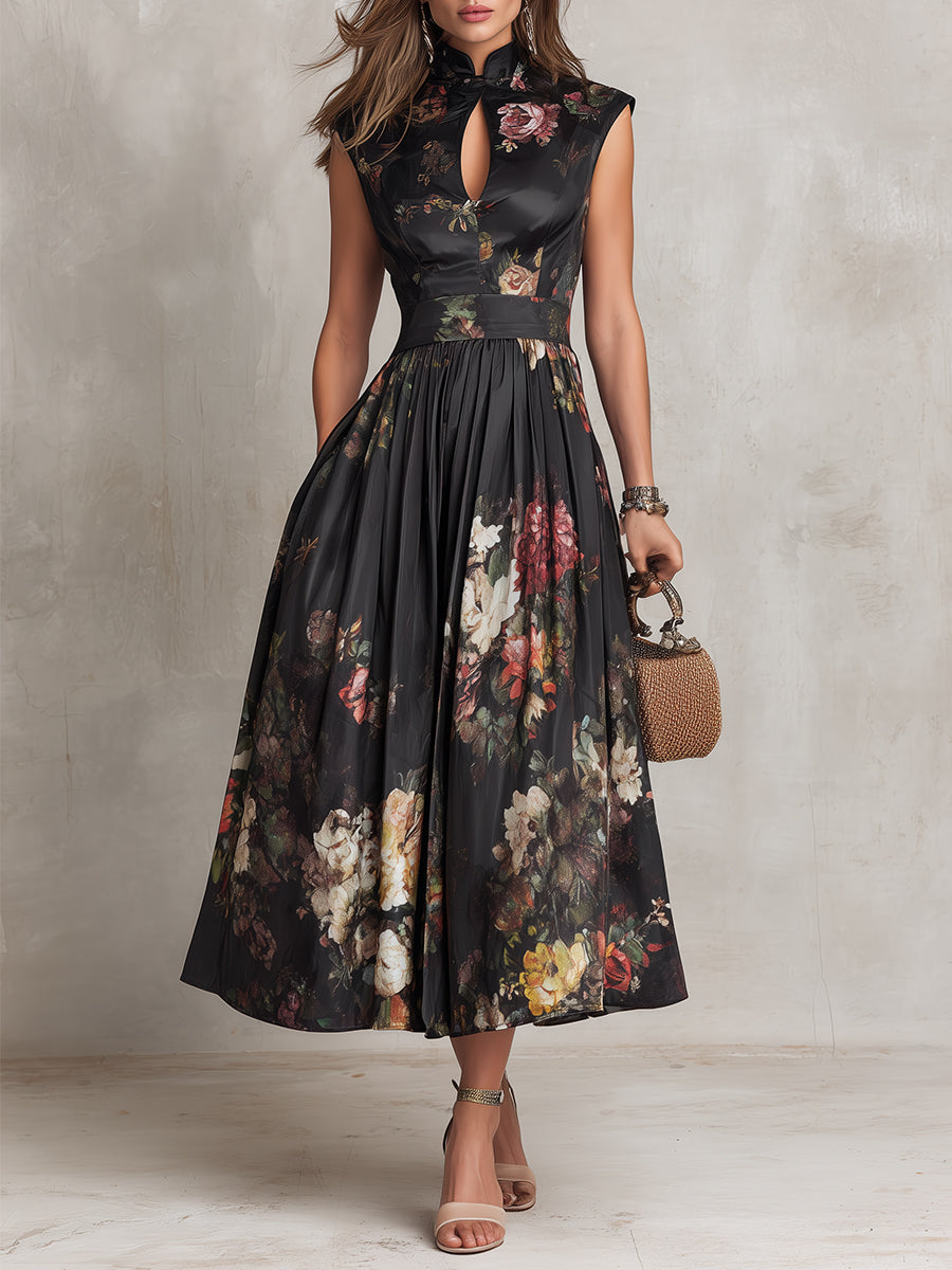 Harlow | Keyhole Floral Pleated Satin Midi Dress