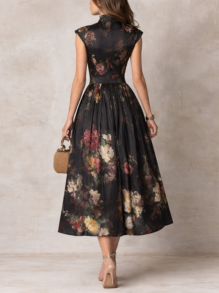 Harlow | Keyhole Floral Pleated Satin Midi Dress