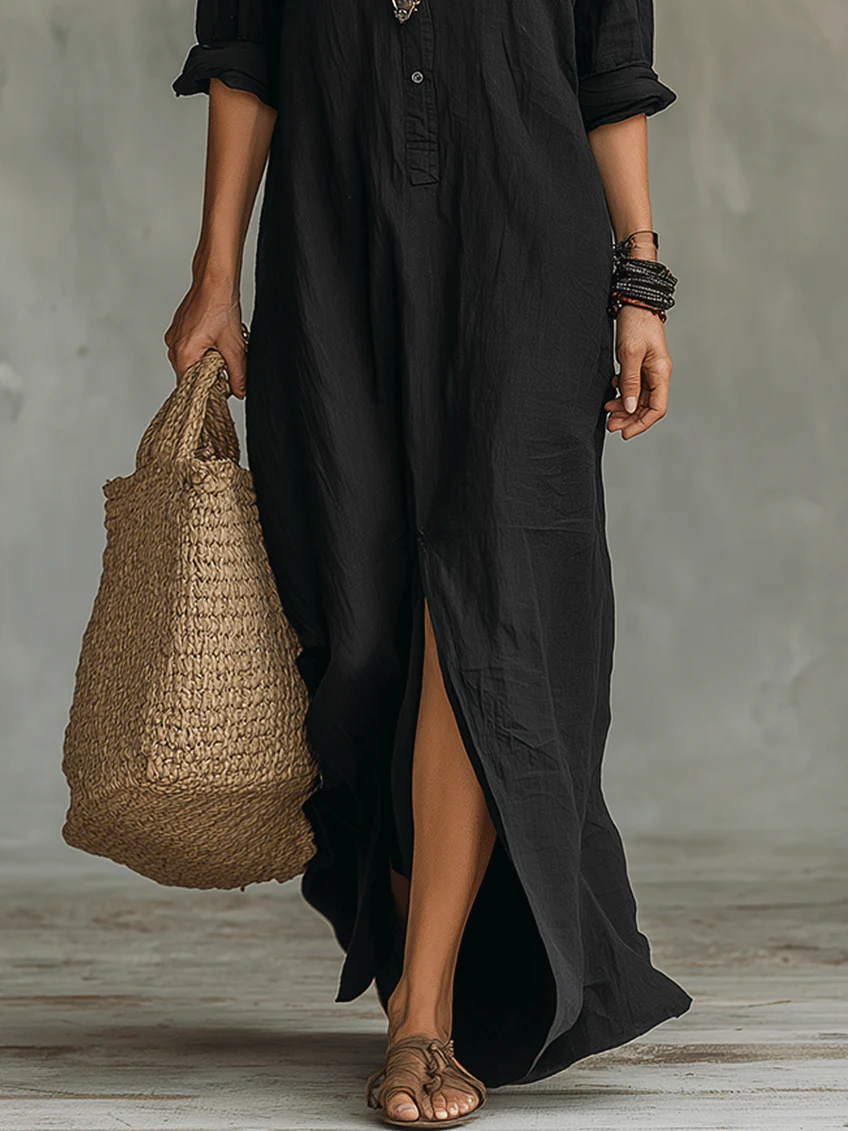 Soline™ | Loose Black Maxi Dress with Buttons