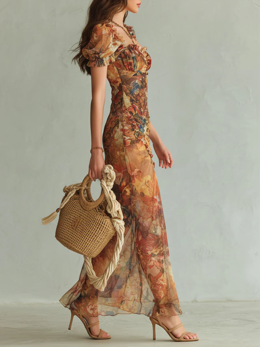Saffron™ | Bohemian Oil-Painting Print Maxi Dress