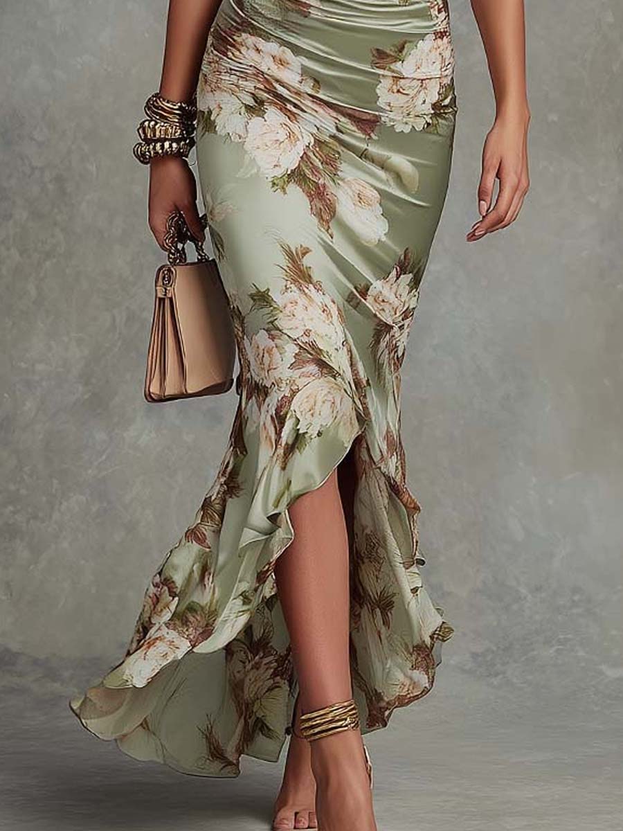 Anna™ | Green Satin Asymmetrical Floral Dress