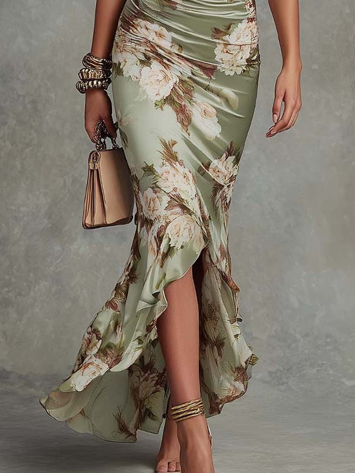 Anna™ | Green Satin Asymmetrical Floral Dress