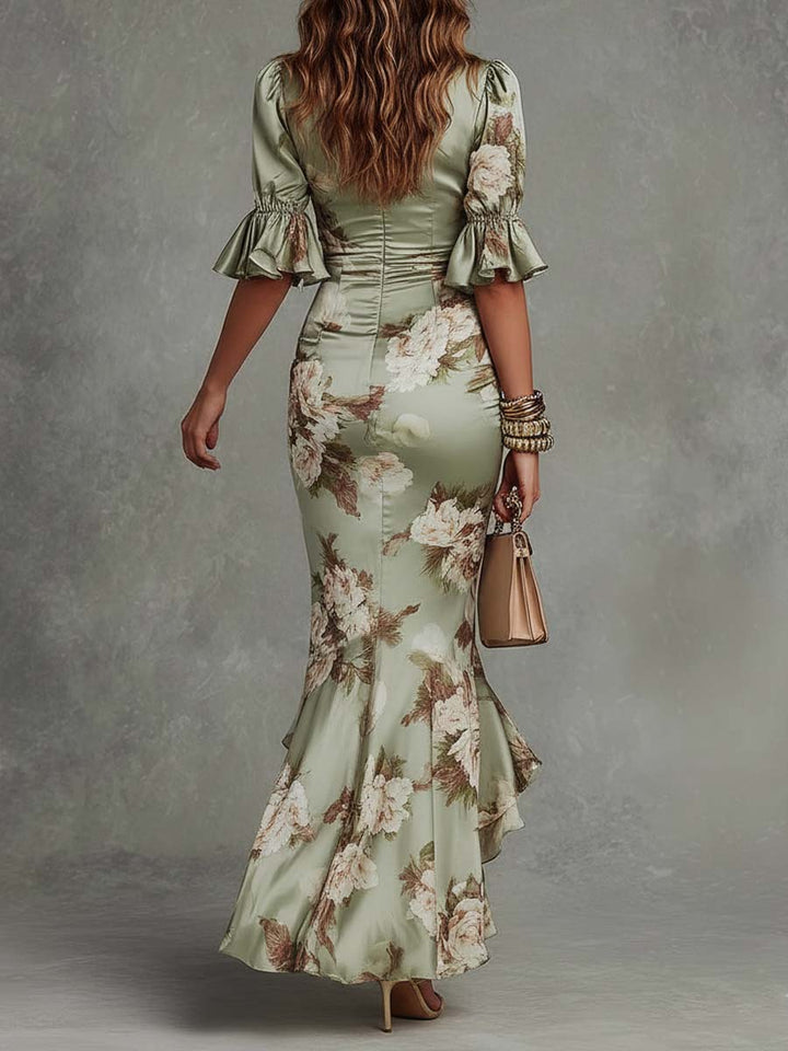Anna™ | Green Satin Asymmetrical Floral Dress