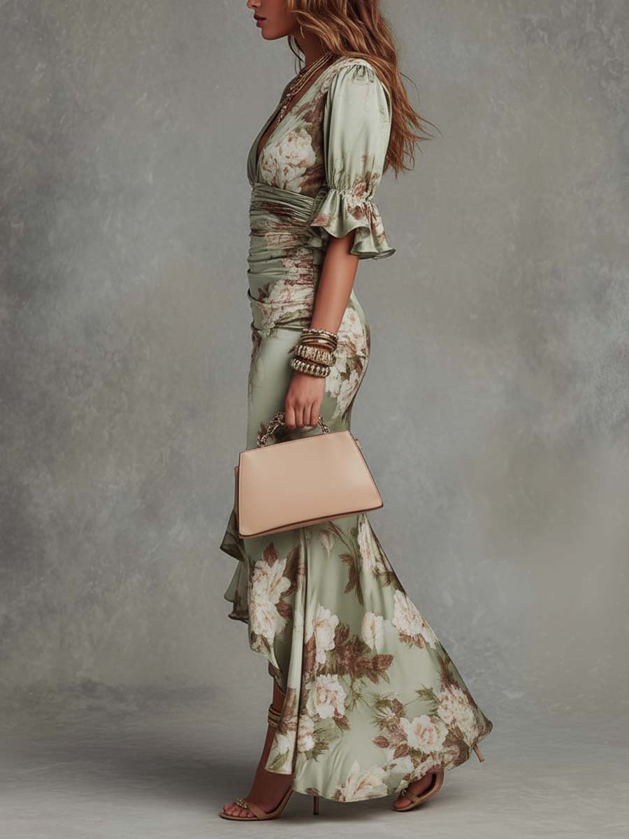 Anna™ | Green Satin Asymmetrical Floral Dress