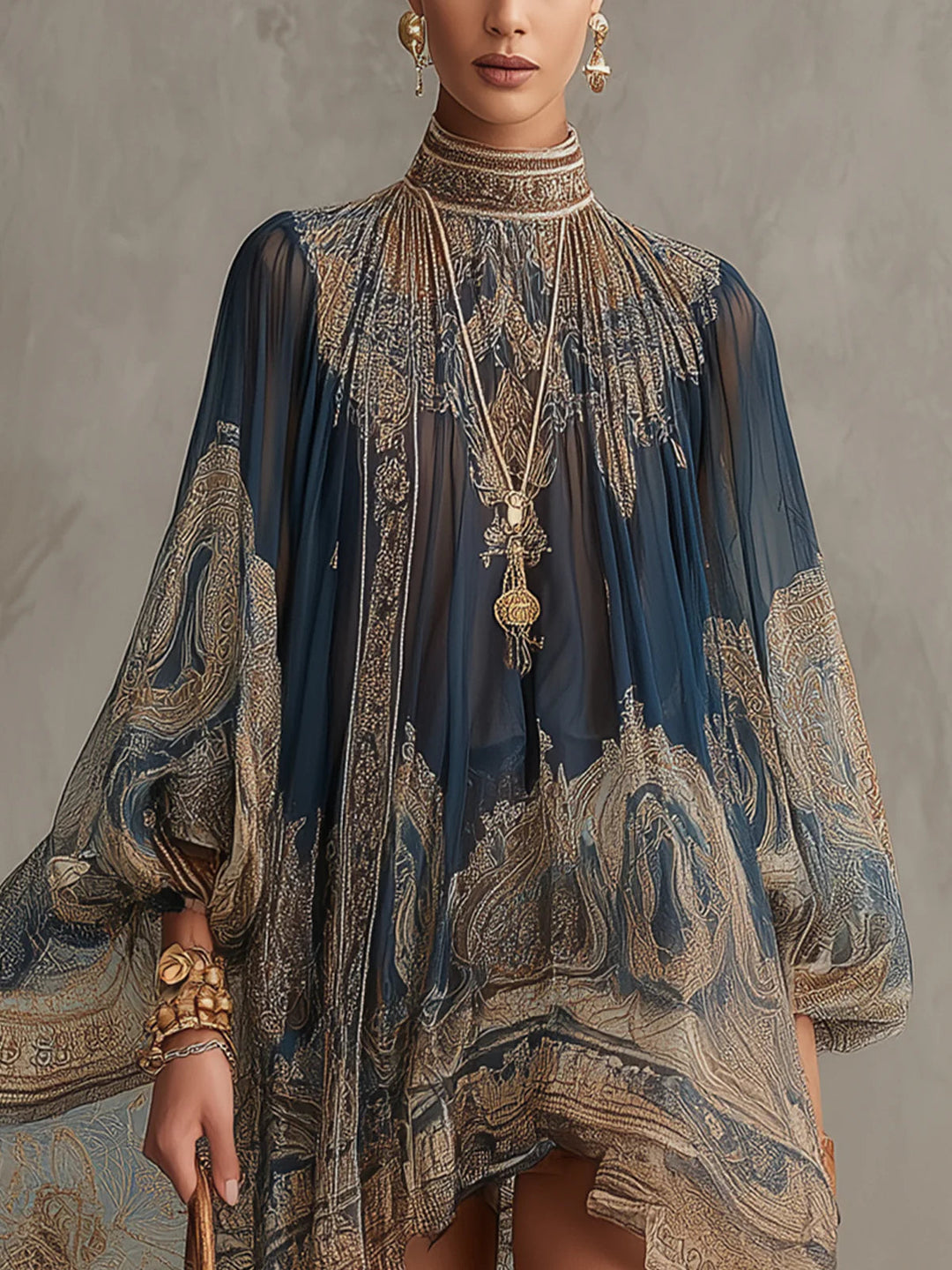 Marianna | Mini dress in navy blue  with golden baroque print