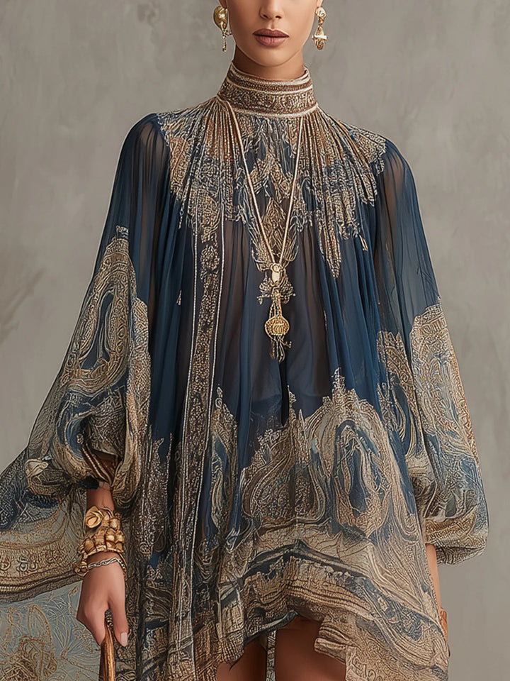Marianna | Mini dress in navy blue  with golden baroque print