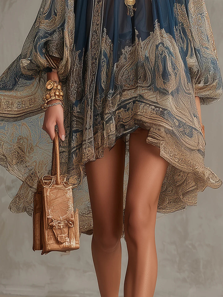 Marianna | Mini dress in navy blue  with golden baroque print
