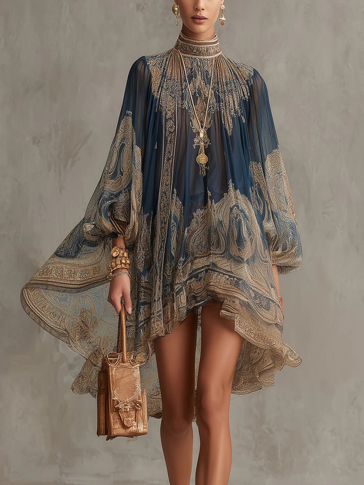 Marianna | Mini dress in navy blue  with golden baroque print
