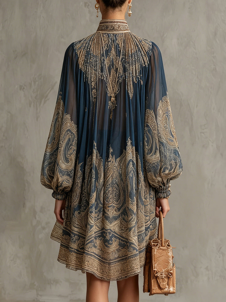 Marianna | Mini dress in navy blue  with golden baroque print
