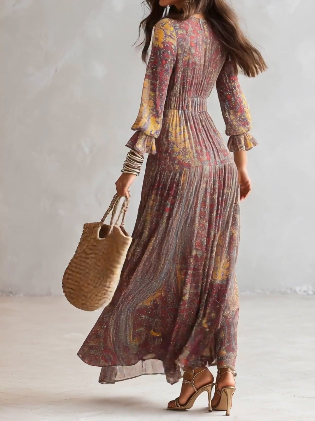 Paisley Print V-neck Gathered Chiffon Maxi Dress