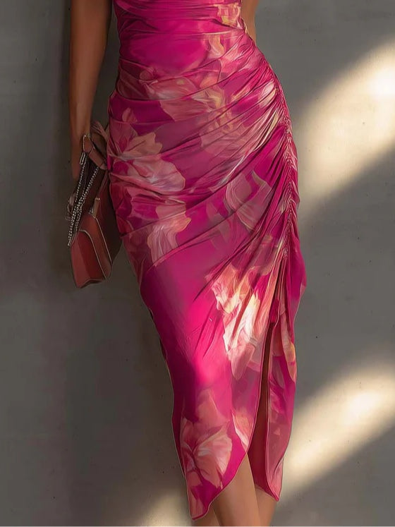 Selene | Floral Ruched Side-Split Bodycon Dress