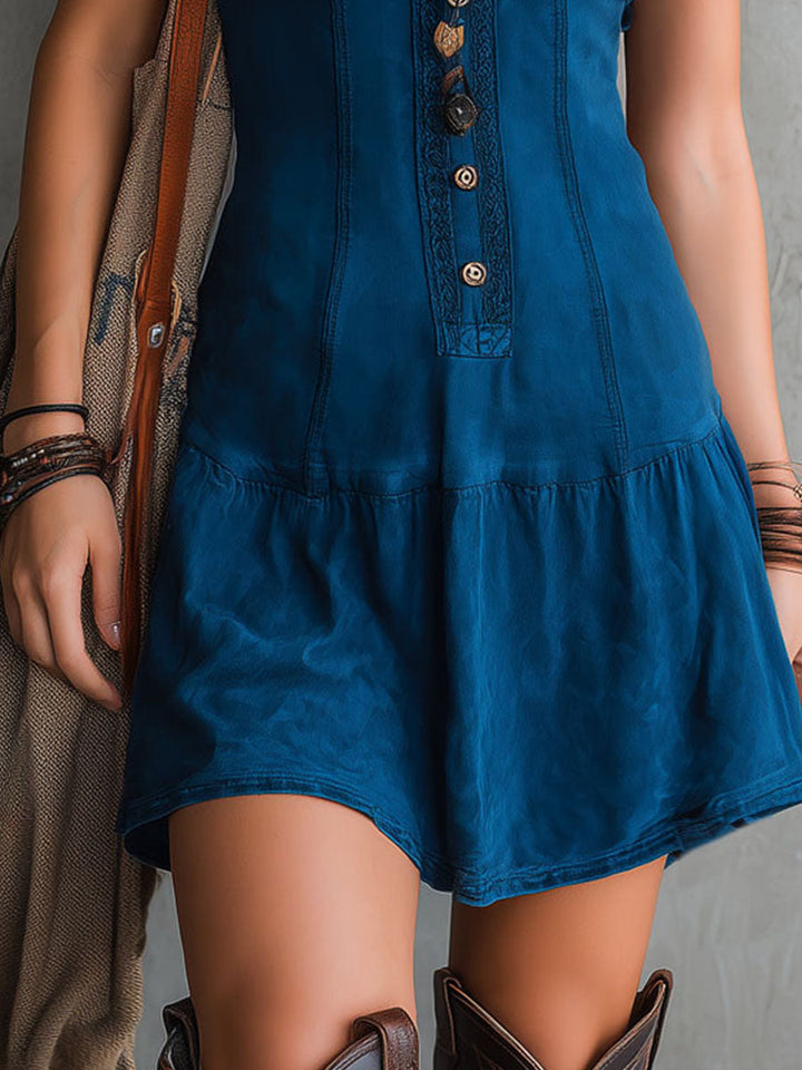 Indira | Indigo Button-Down Sleeveless Mini Dress