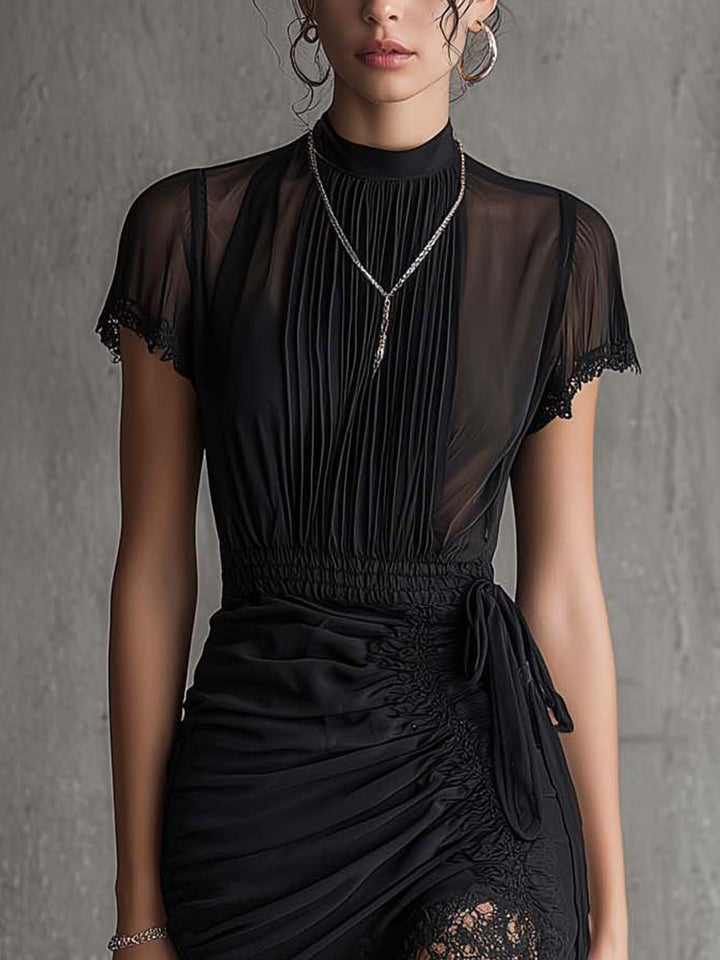 Delphine | Pleated Lace-Trim Chiffon Mini Dress