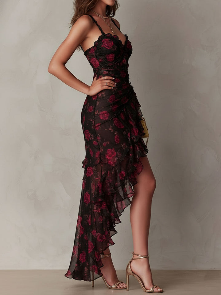 Renata | Black & Red Floral Ruffle-Hem Dress