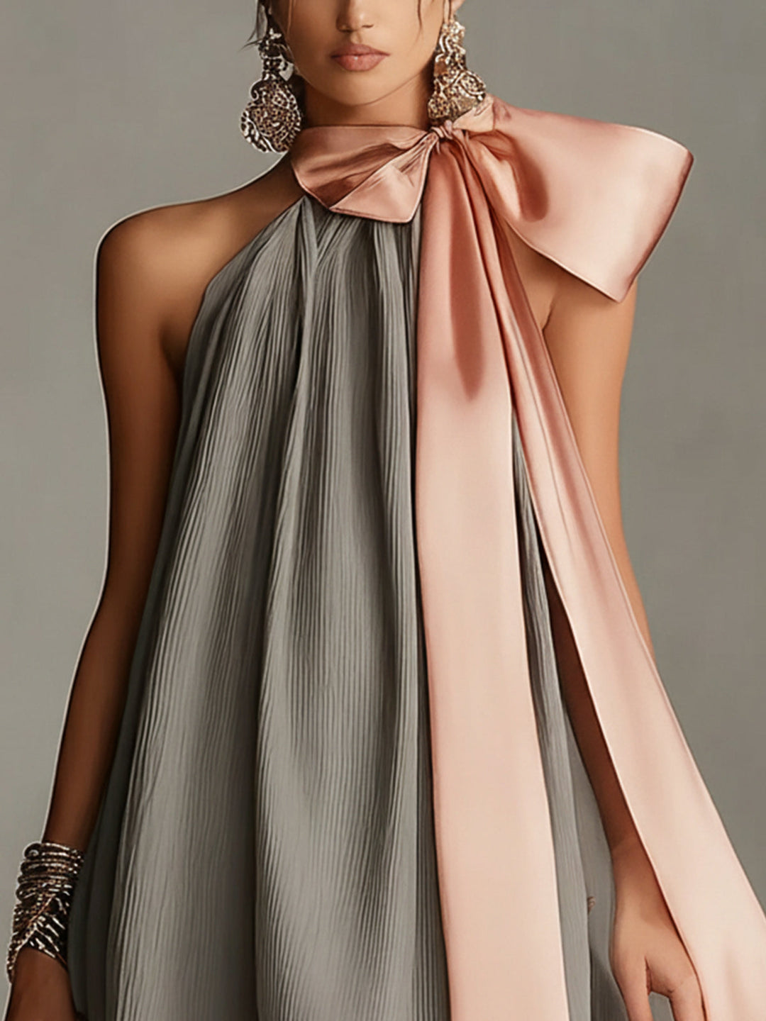 Beatrice | Grey mini dress with pink bow