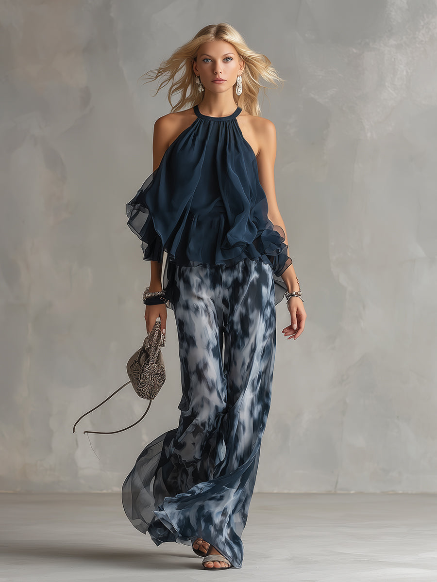 Ludovica™ | Navy Halter Printed Wide-Leg Set