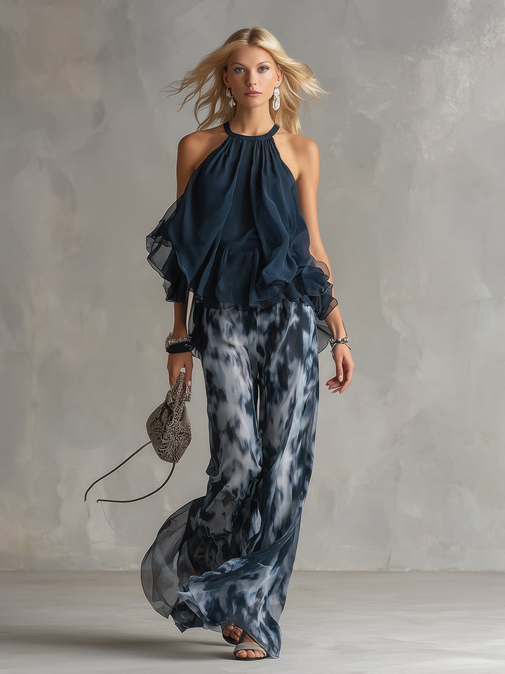 Ludovica™ | Navy Halter Printed Wide-Leg Set