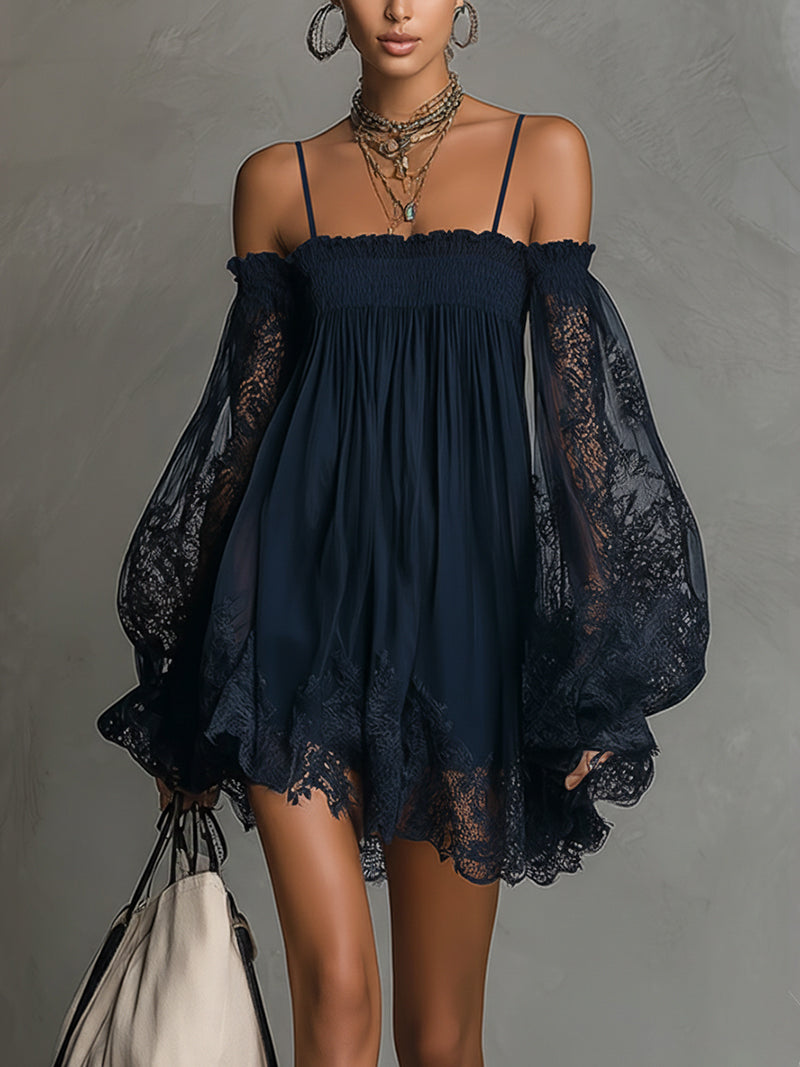 Betty™ | Navy Off-Shoulder Chiffon Mini Dress