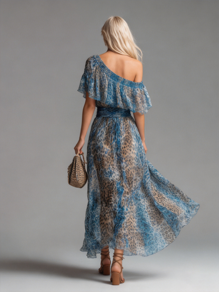 Selena™ | Leopard Print Chiffon Off-Shoulder Maxi Dress
