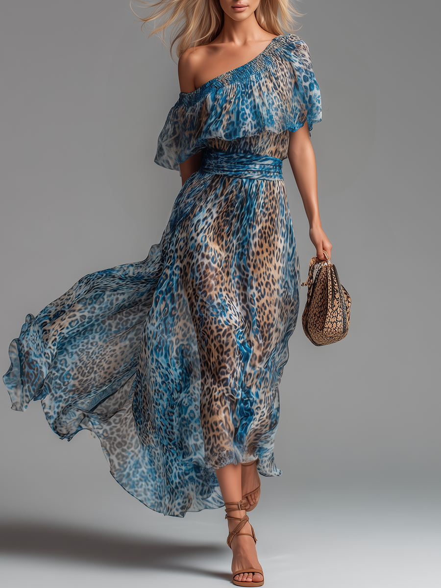 Selena™ | Leopard Print Chiffon Off-Shoulder Maxi Dress