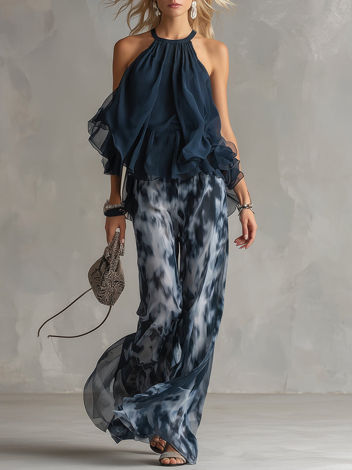 Ludovica™ | Navy Halter Printed Wide-Leg Set
