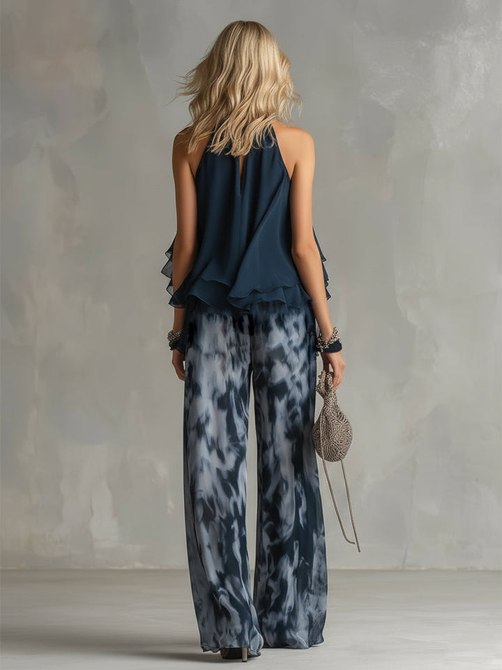 Ludovica™ | Navy Halter Printed Wide-Leg Set