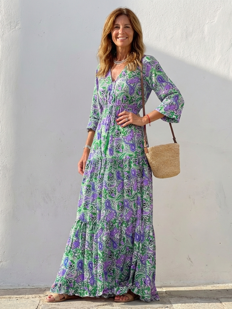 Isabella | Long Sleeve V Neck Bohemian Maxi Dress