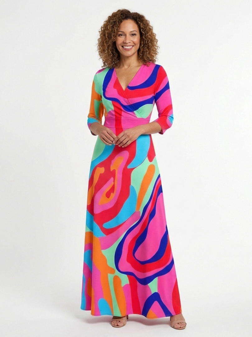 Naomi | Three Quarter Sleeve V Neck Abstract Maxi Dress