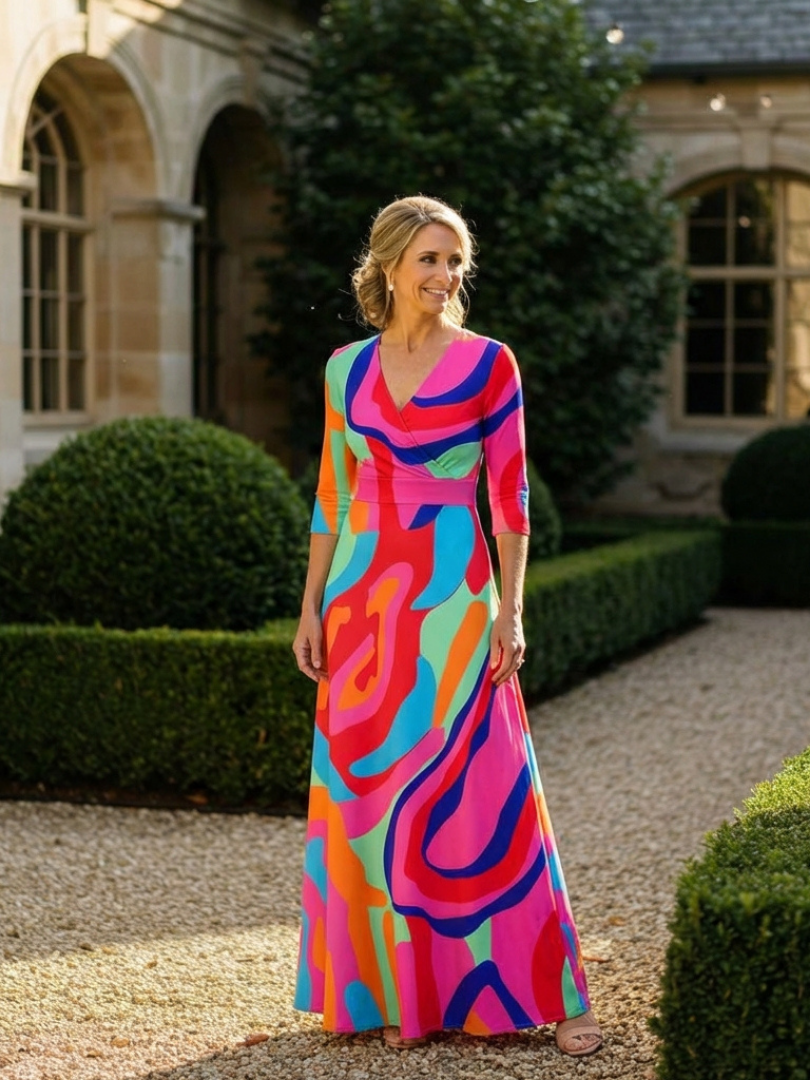 Naomi | Three Quarter Sleeve V Neck Abstract Maxi Dress