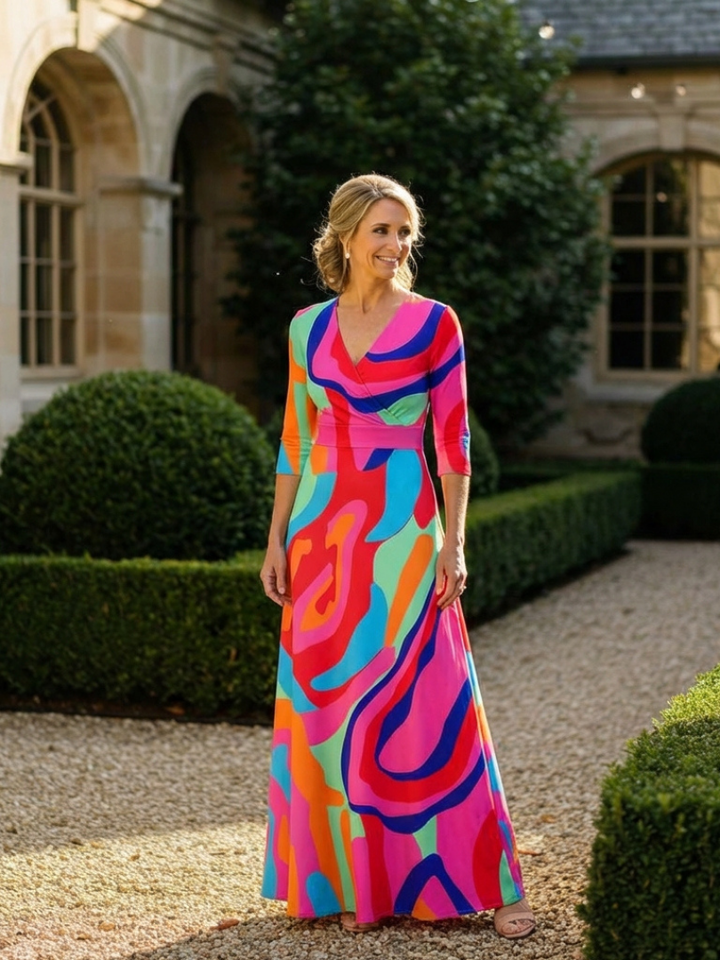 Naomi | Three Quarter Sleeve V Neck Abstract Maxi Dress