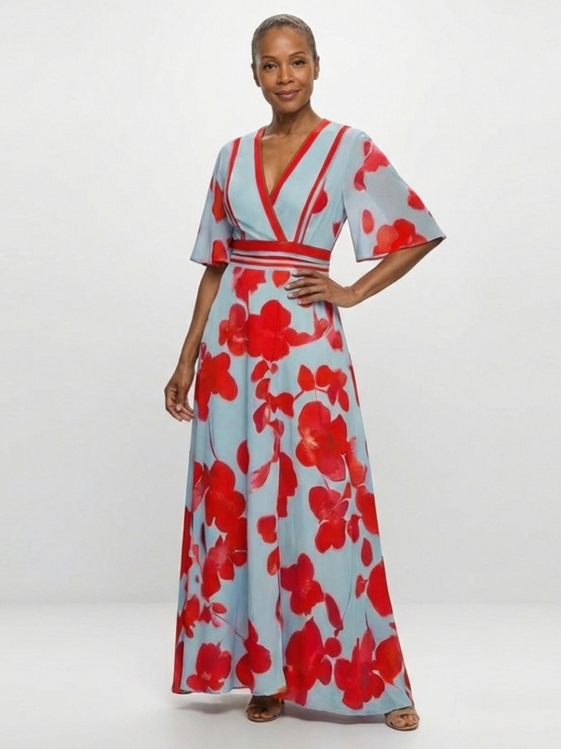 Bonnie | V Neck Short Sleeve Floral Maxi Dress