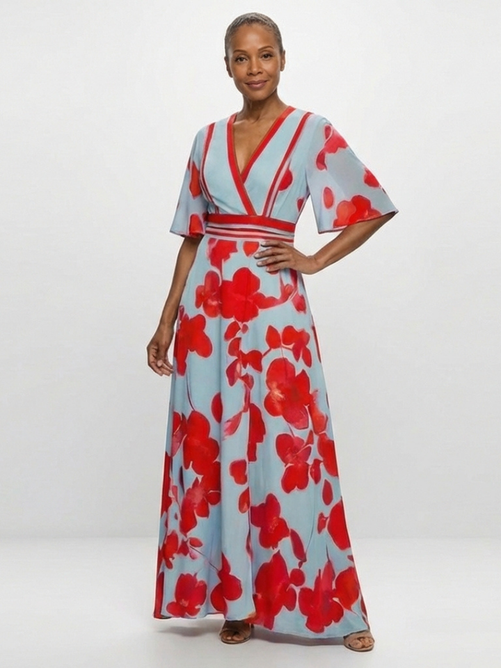 Bonnie | V Neck Short Sleeve Floral Maxi Dress