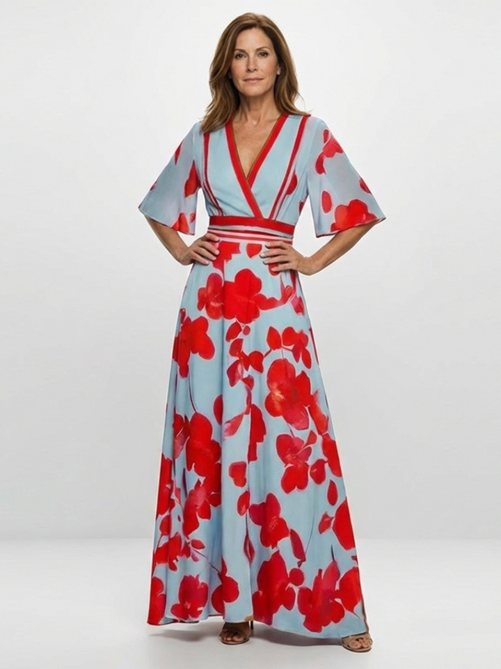 Bonnie | V Neck Short Sleeve Floral Maxi Dress