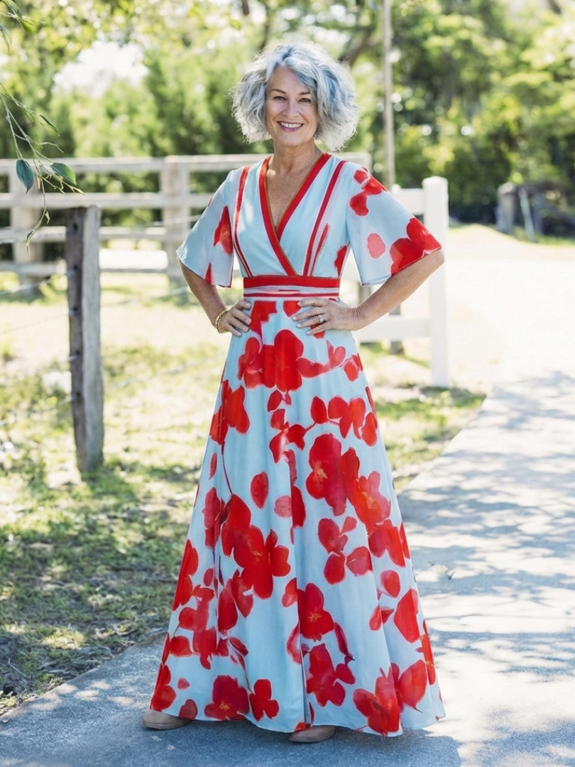 Bonnie | V Neck Short Sleeve Floral Maxi Dress