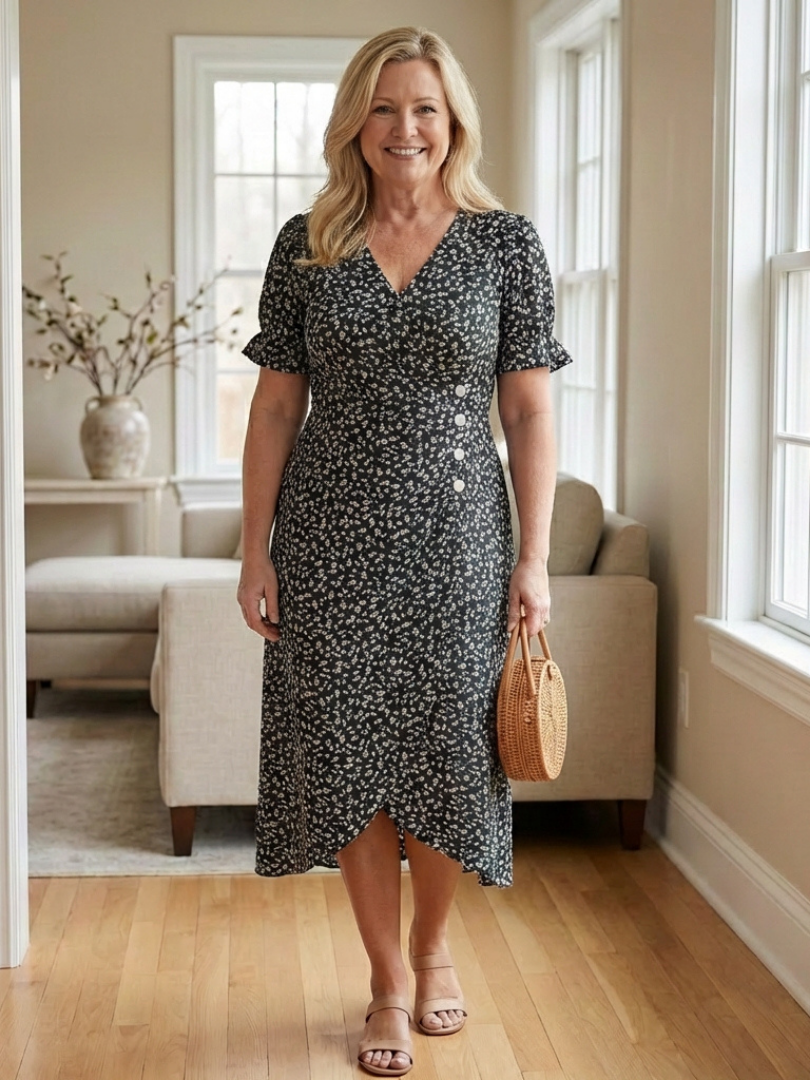 Margaret | Short Sleeve V Neck Floral Midi Dress