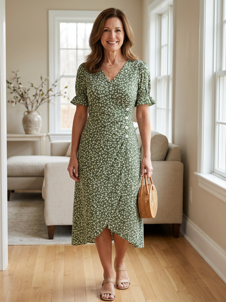 Margaret | Short Sleeve V Neck Floral Midi Dress