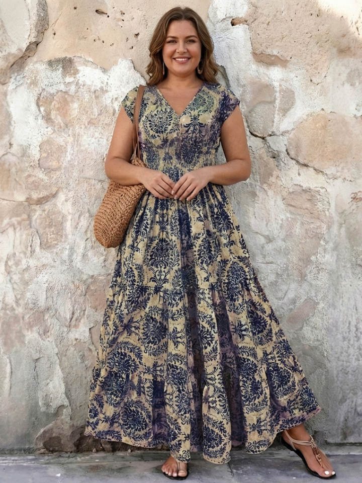 Vivienne | Cap Sleeve V Neck Bohemian Maxi Dress