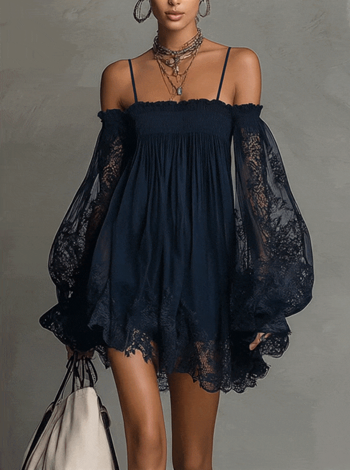Betty™ | Navy Off-Shoulder Chiffon Mini Dress