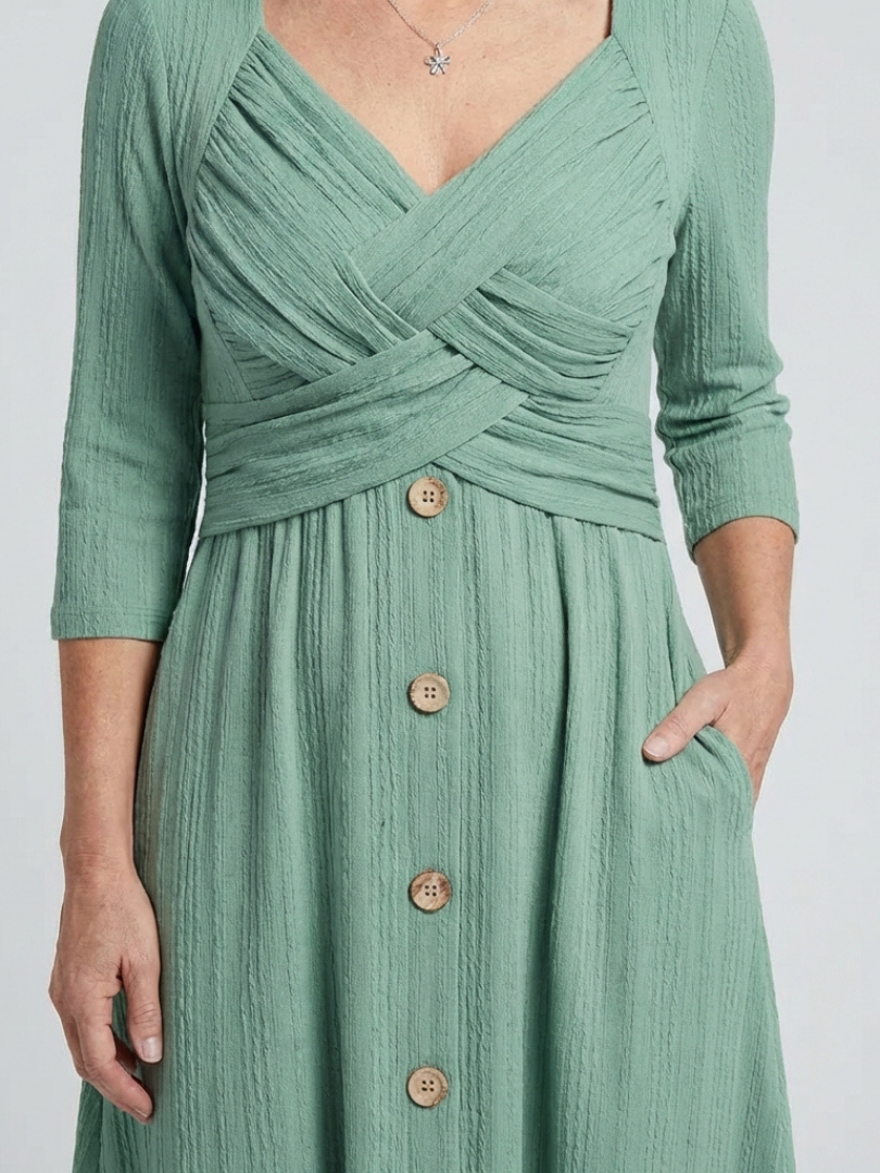 Isolde | Cross Pleated V Neck Button Front Midi Dress